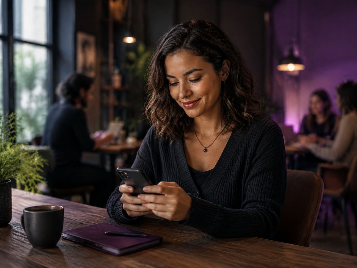 Community admin looking at a phone in warm cafe light