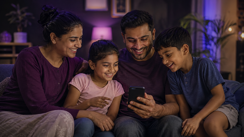 Family receiving a money transfer on a phone